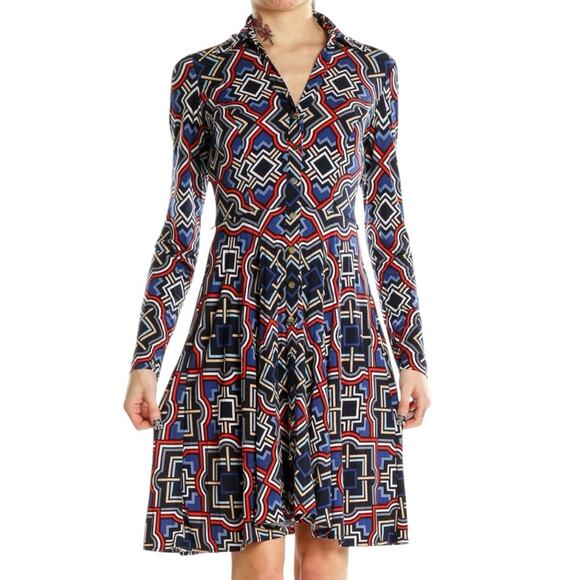 Cache Geometric Button Front Dress Size 12 Belted Multi Colored NWT - Picture 5 of 12